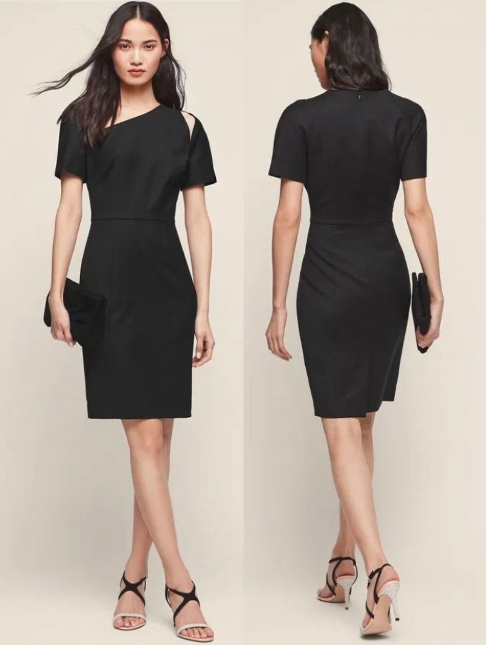 REISS Black Huxley Asymmetric Neckline Wool Blend Midi Dress